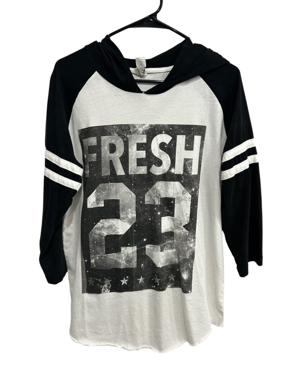 #TakeThat Large Mens Fresh 23 Black White Raglan Graphic Hoodie Retro Indie Rock